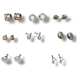 Vintage Clip On Earrings Costume Jewelry Faux Pearl Rhinestone Lot of 8 Pairs